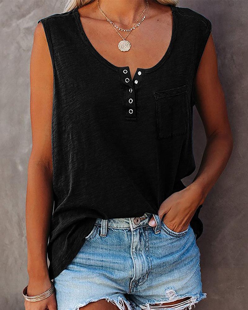 

Pocket Design Buttoned Tank Top, Black