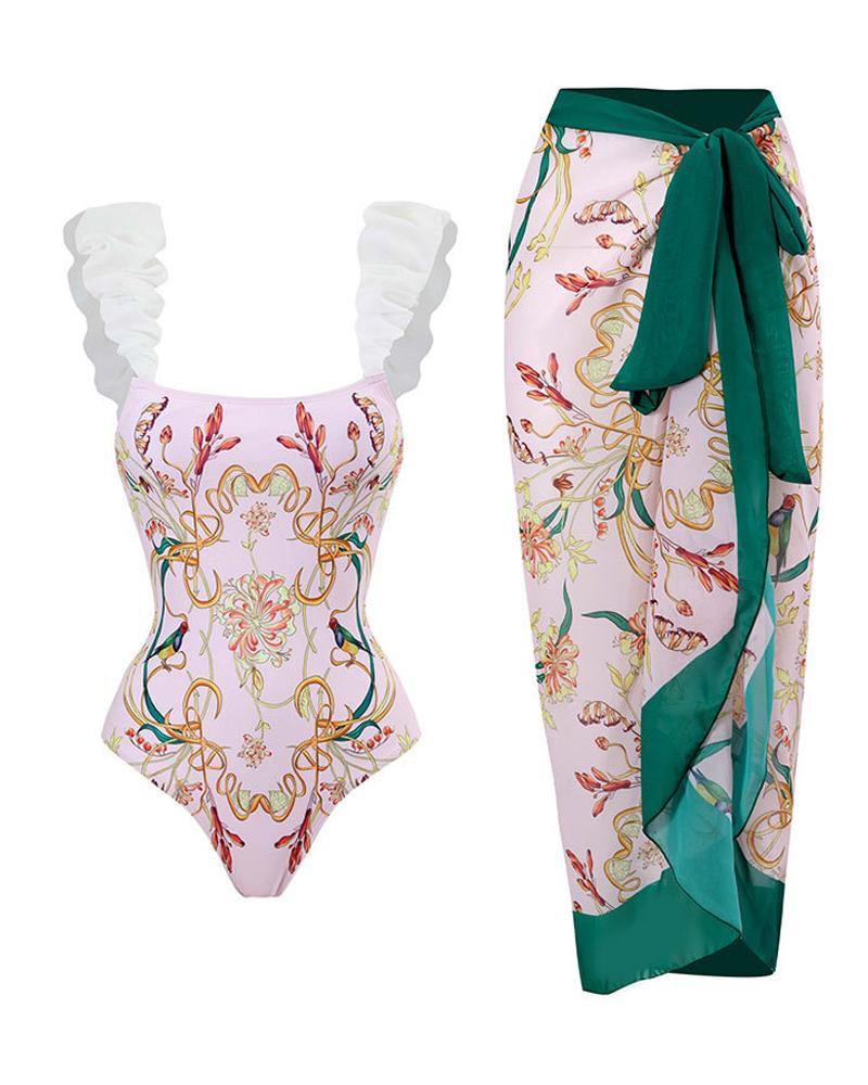 

Plants Print Ruffle Hem One-Piece Swimsuit With Cover Up, Green