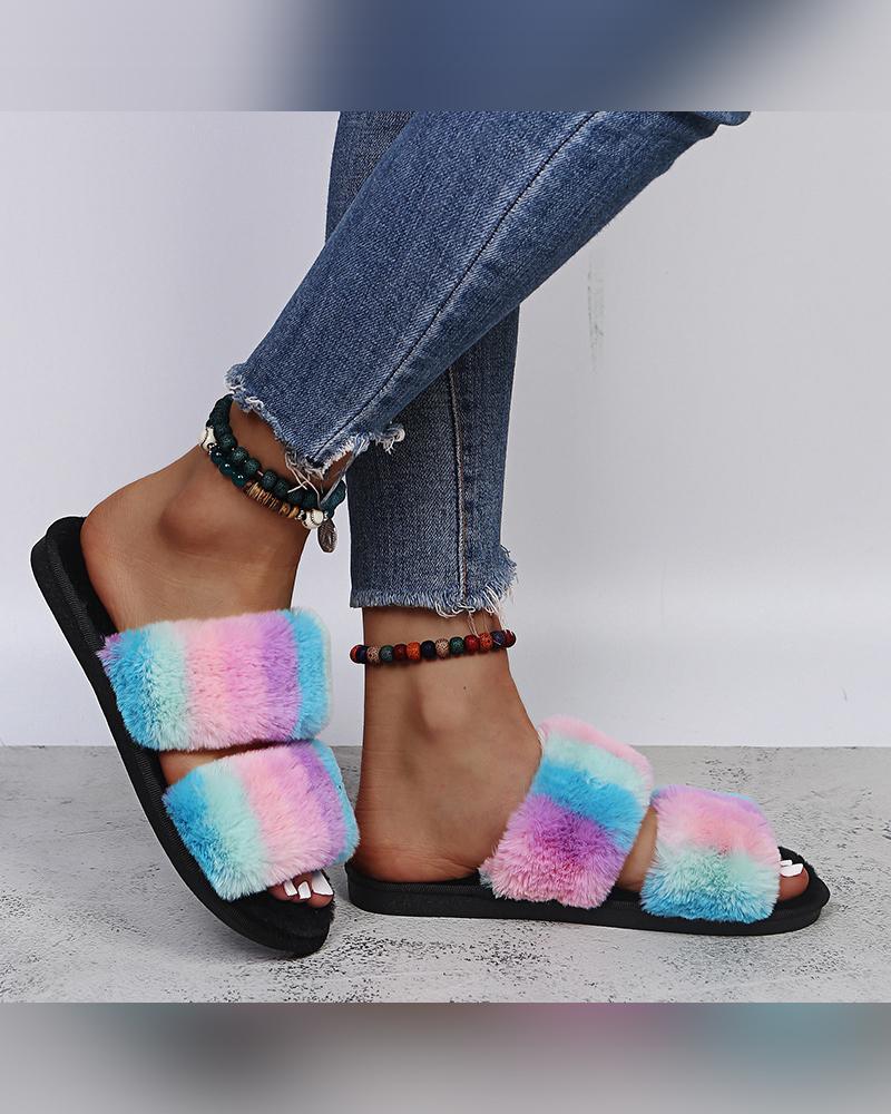 

Round-toe Multicolor Fluffy Open-toe Flat Sandals, Pink