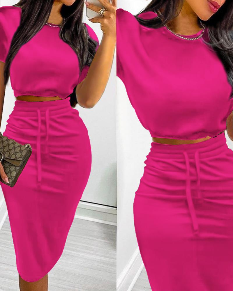 

Short Sleeve Crop Top & Split Back Drawstring Skirt Set, Hot pink