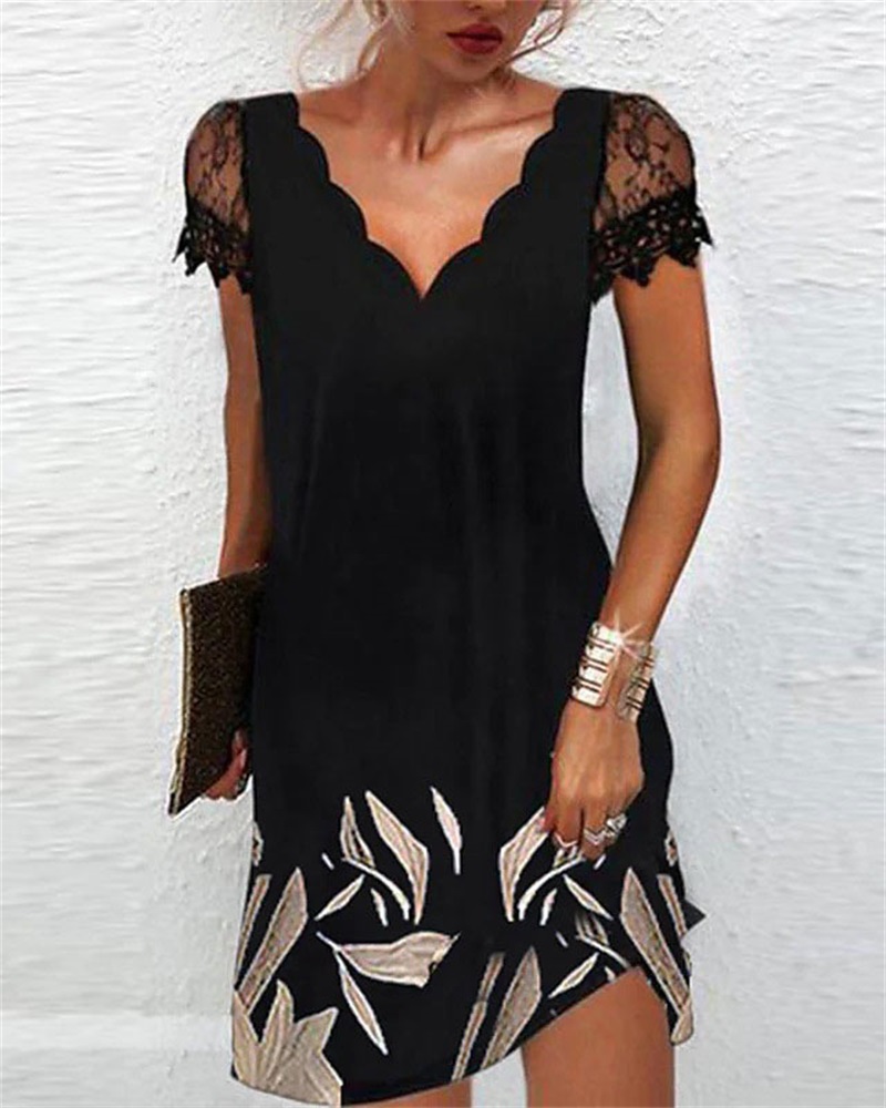 

Plants Print Scallop Trim Contrast Lace Casual Dress, Black