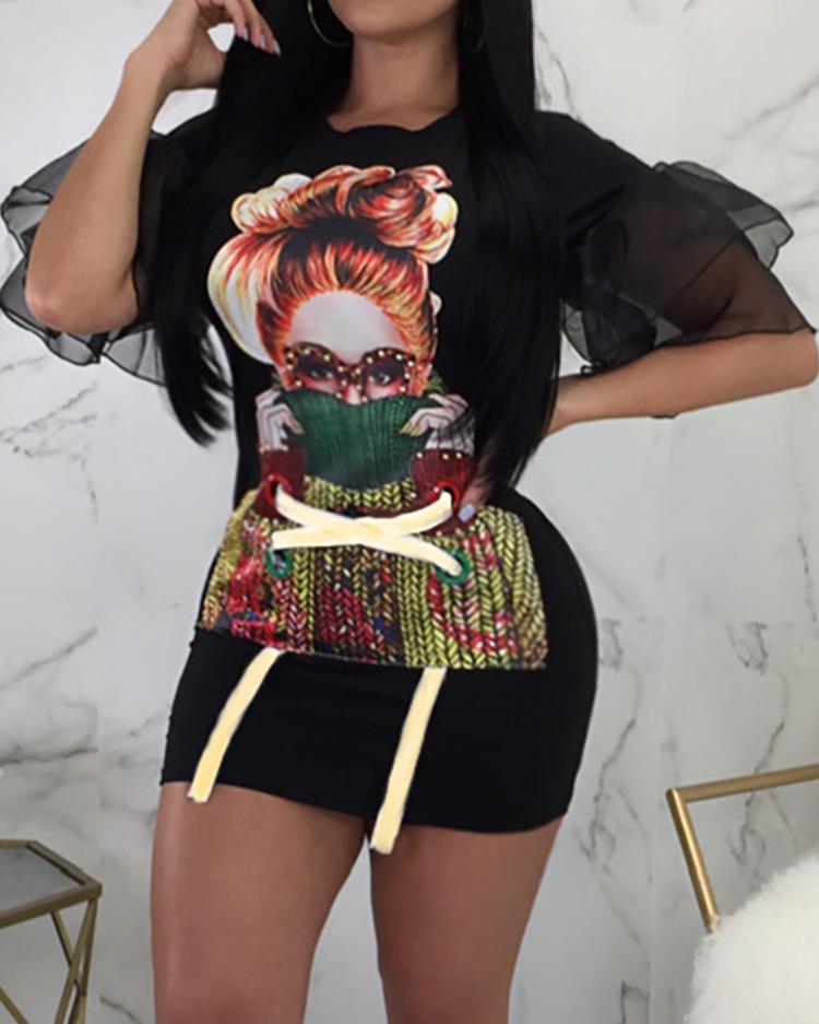 

Figure Print Mesh Bell Sleeve Casual Dress, Black