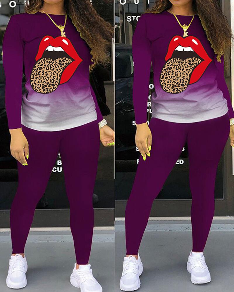 

Lip Leopard Print Long Sleeve Top & Pants Set, Purple