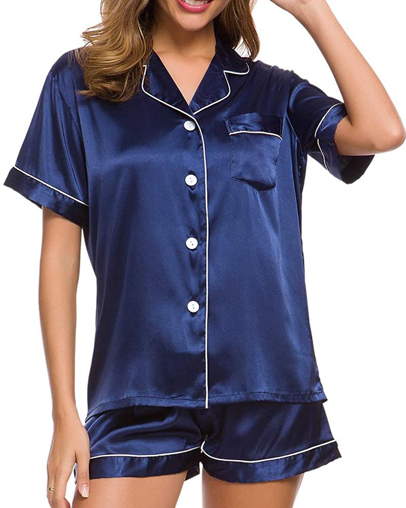 

Colorblock Satin Button Design Pajamas Set, Dark blue