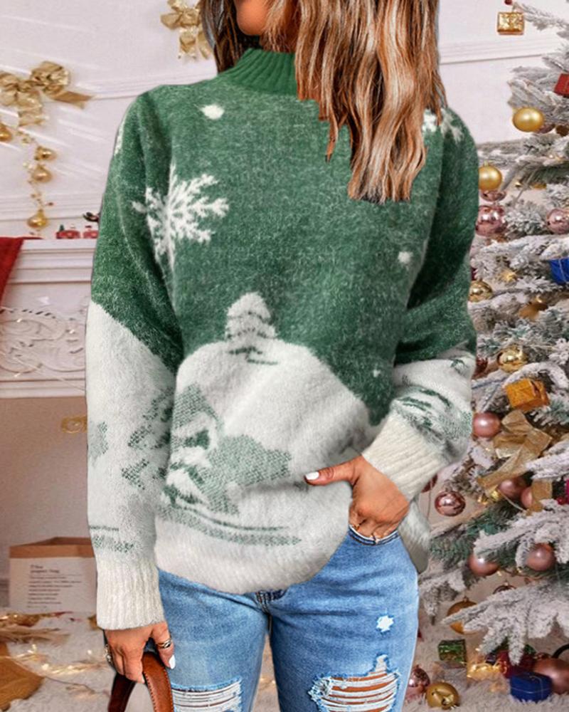 

Christmas Snowflake Graphic Pattern Sweater, Green