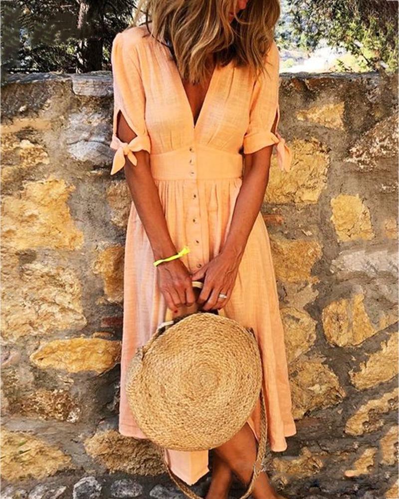

Solid V-neck Half Sleeve Casual Dress, Orange