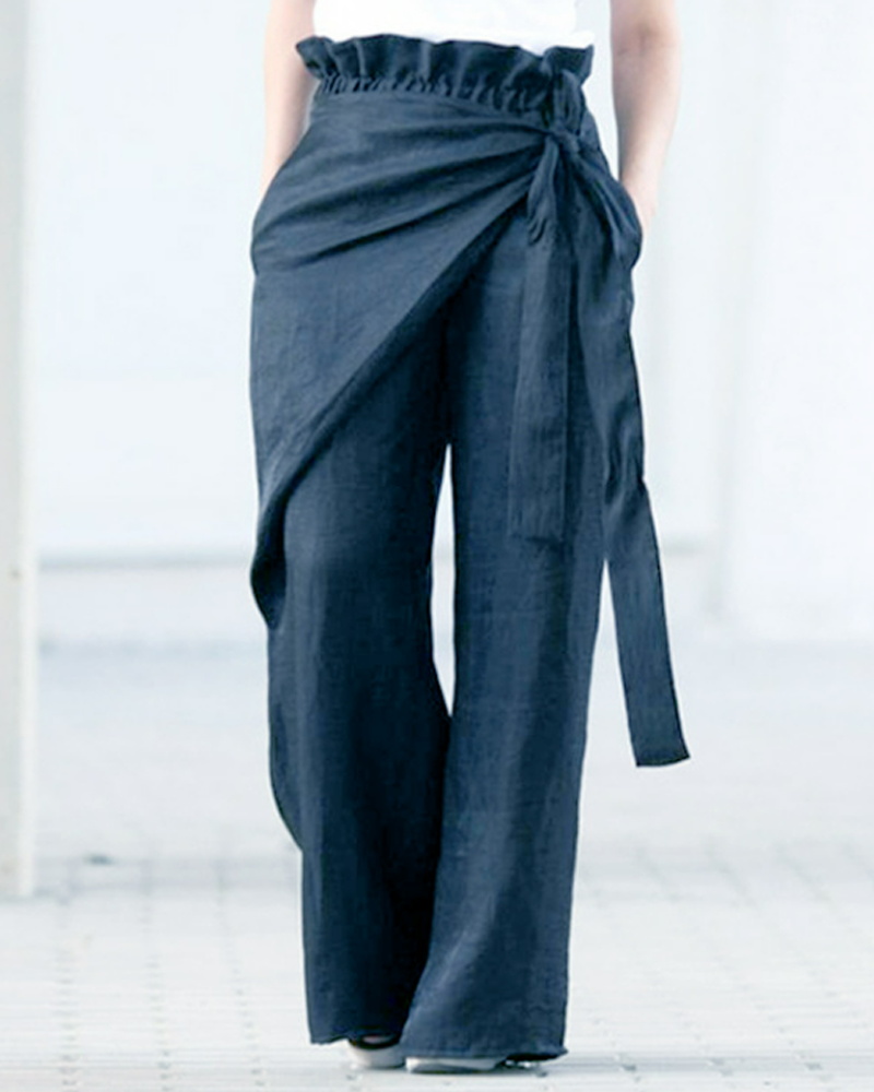

Tied Detail Paper Bag Waist Wide Leg Pants, Purplish blue