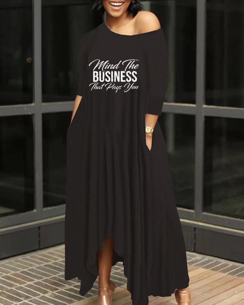 

One Shoulder Letter Print Pocket Design, Black