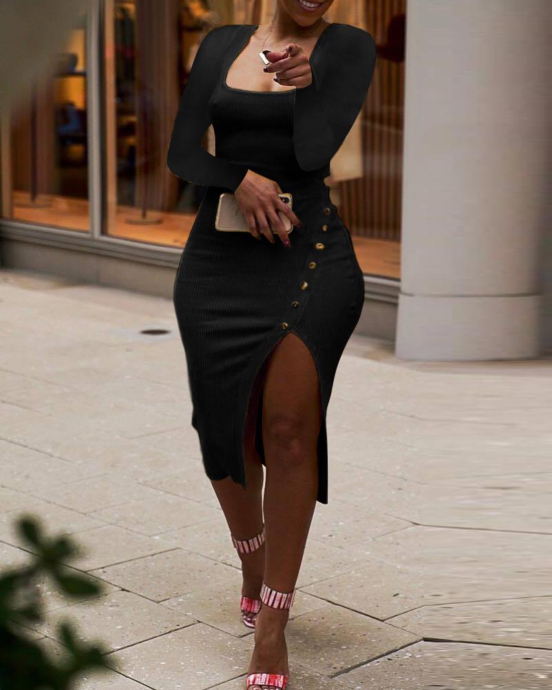 

Ribbed Square Neck Split Thigh Bodycon Dress, Black