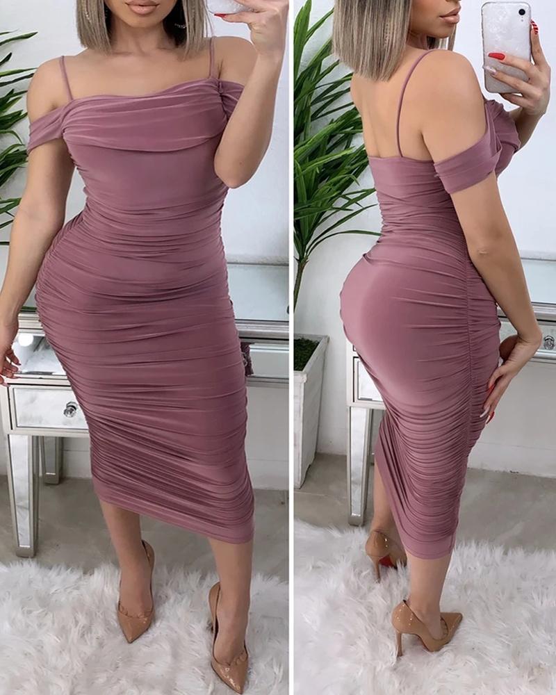 

Cold Shoulder Spaghetti Strap Ruched Party Dress, Purple