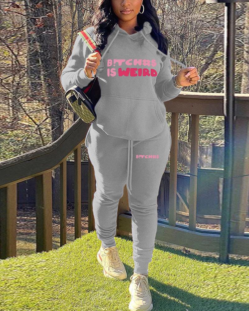 

Letter Print Long Sleeve Drawstring Hoodie & Pants Set, Gray