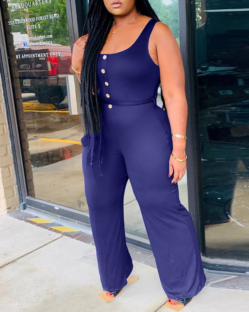 

Button Design Thick Strap Wide Leg Jumpsuit With Belt, Dark blue