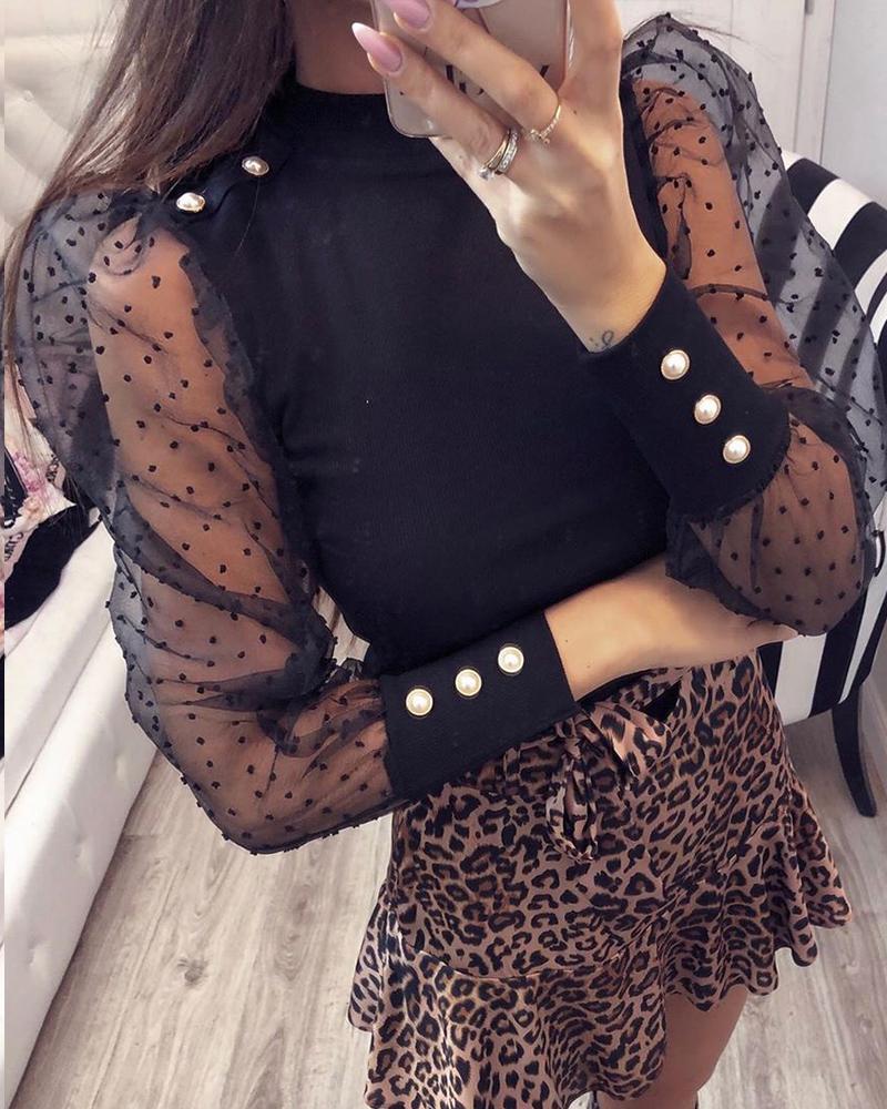 

Polka Dot Mesh Sleeve Women Top, Black