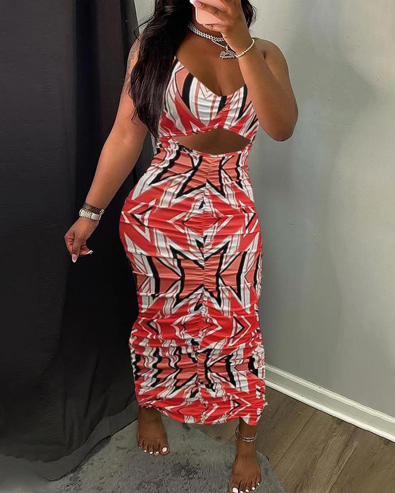 

Geometric Print Sleeveless V-Neck Cutout Dress, Orange