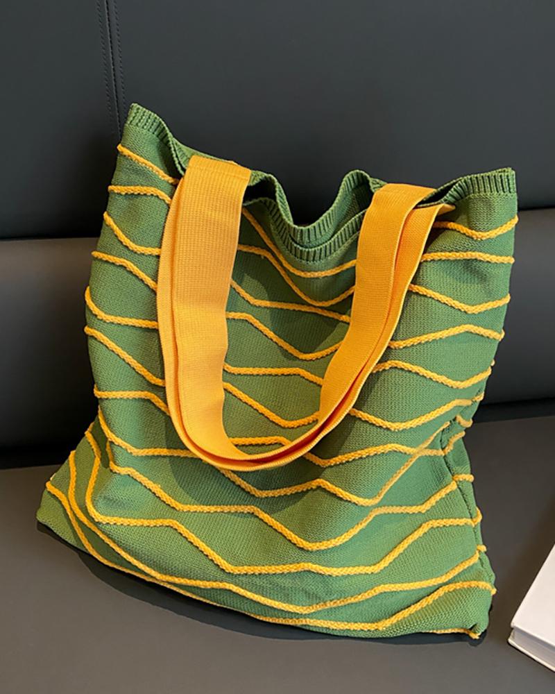 

Abstract Striped Large Capacity Knit Tote Bag, Green