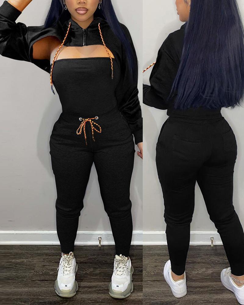 

Cutout Long Sleeve Hoodie & Drawstring Pants Set, Black