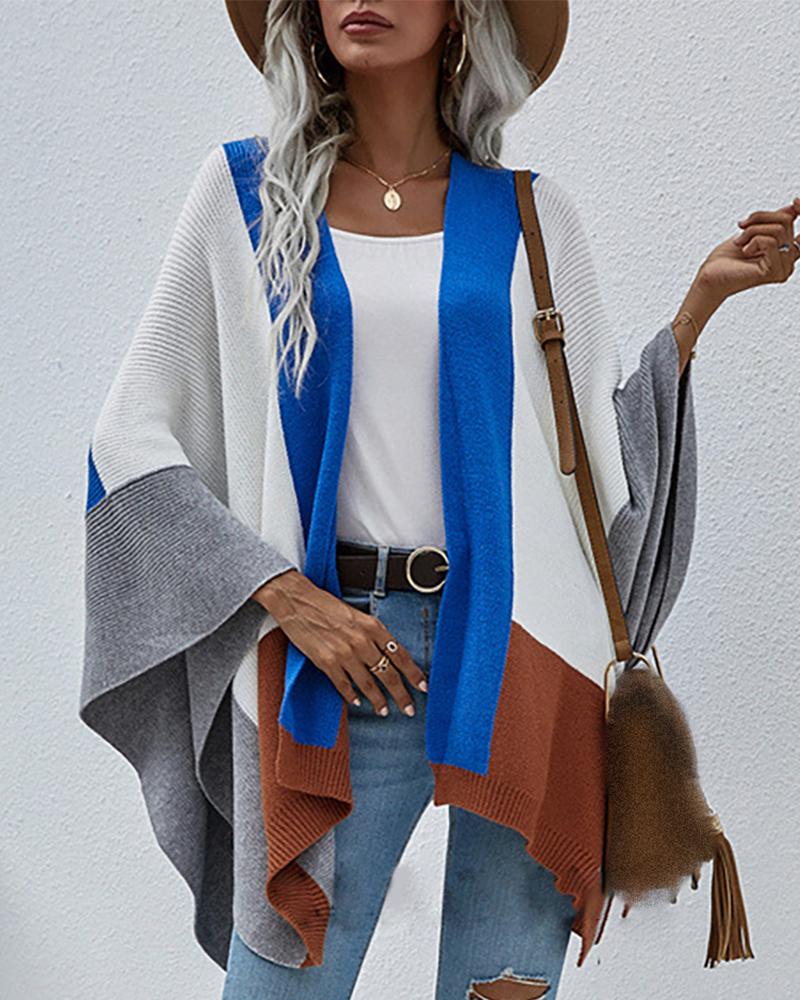 

Knit Striped Colorblock Batwing Sleeve Cardigan, Blue