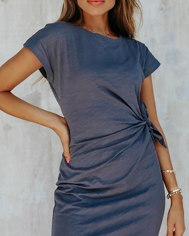 

Tied Detail Ruched Plain T-Shirt Dress, Blue