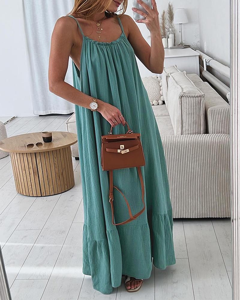 

U-Neck Smock Ruched Casual Maxi Dress, Dark green