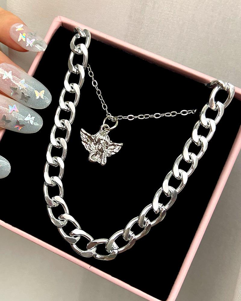 

Punk Layered Chain Angel Pattern Pendant Necklace, Silver