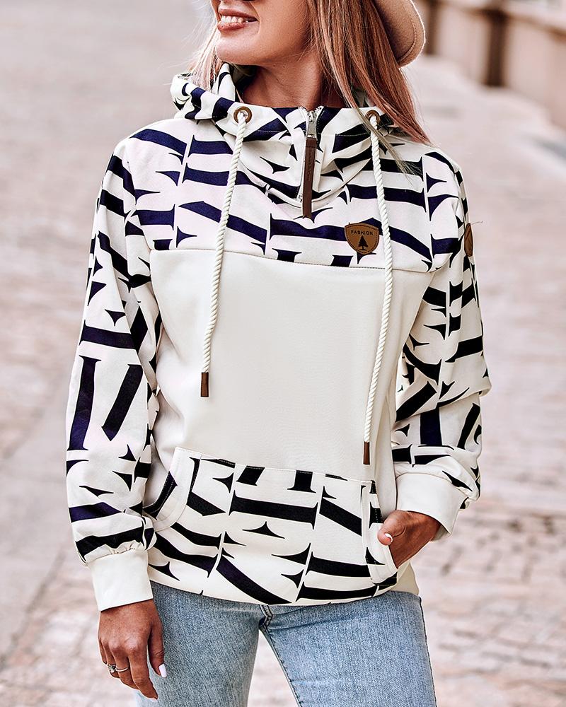 

Geometric Print Long Sleeve Drawstring Hoodie, Apricot