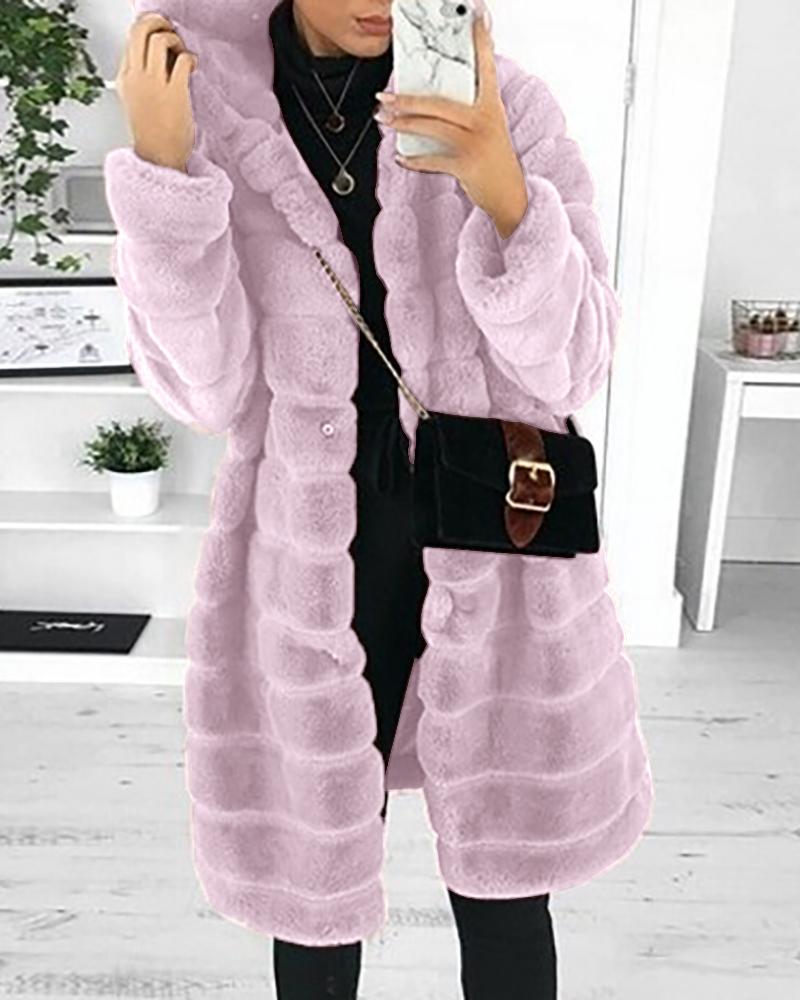 

Pocket Design Long Sleeve Hooded Teddy Coat, Pink