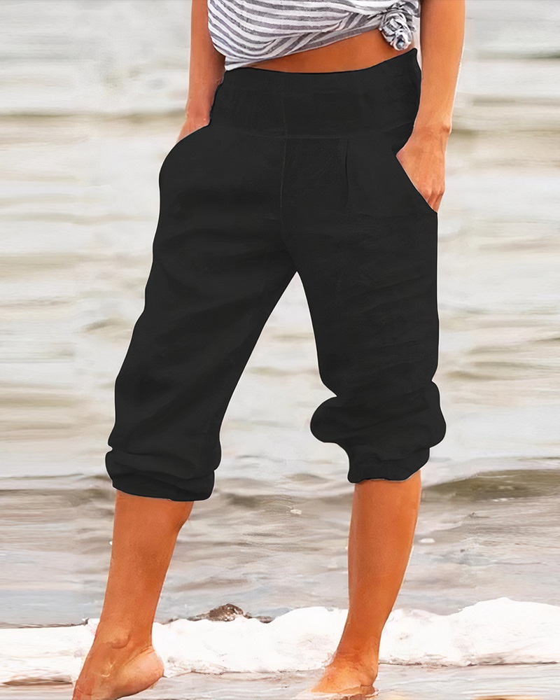 

Plain High Waist Capris Pants, Black