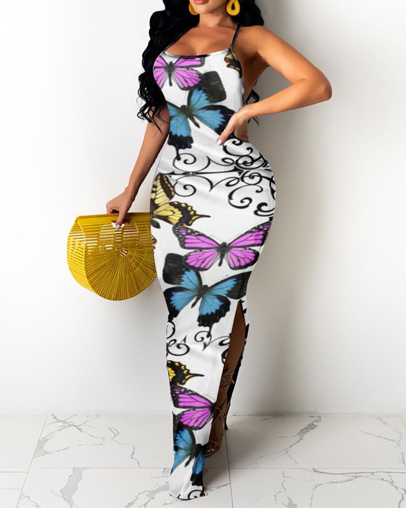 

Butterfly Print Spaghetti Strap High Slit Dress, Multicolor