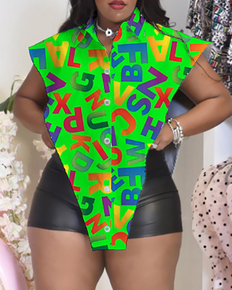 

Plus Size Letter Print Asymmetrical Button Front Top, Green