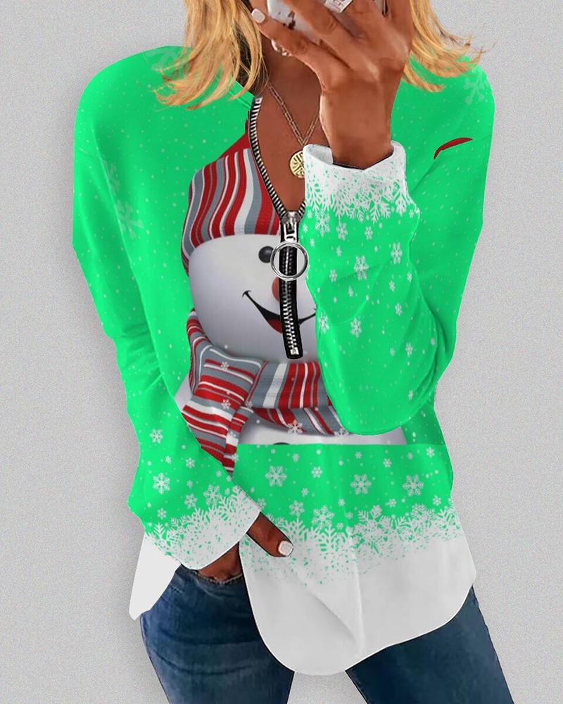 

Christmas Zipper Design Snowman Print Top, Light green