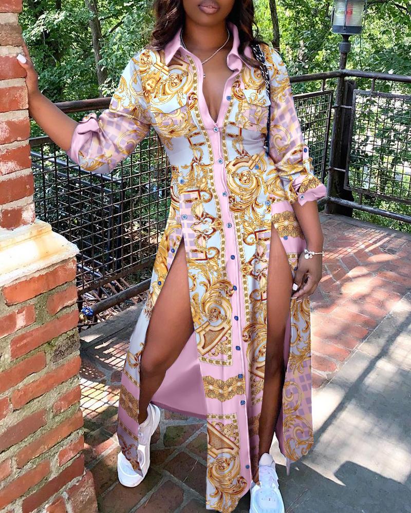 

High Slit Scarf Print Buttoned Maxi Shirt Dress, Multicolor