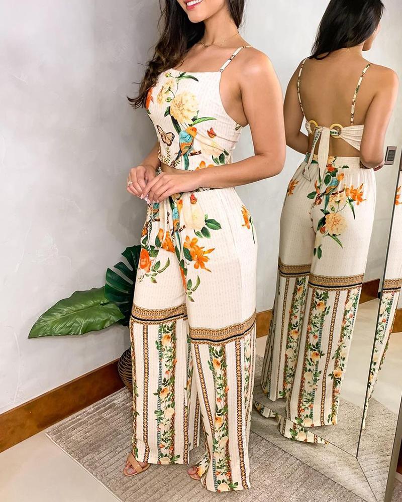 

Spaghetti Strap Floral Print Backless Jumpsuit, Beige