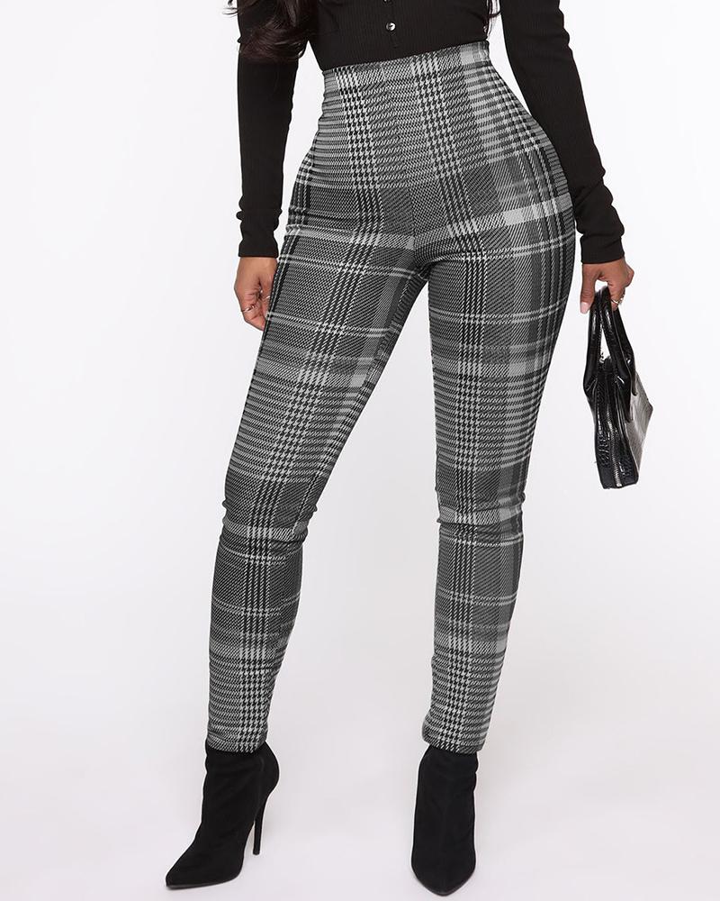 

High Waist Plaid Print Skinny Pants, Gray