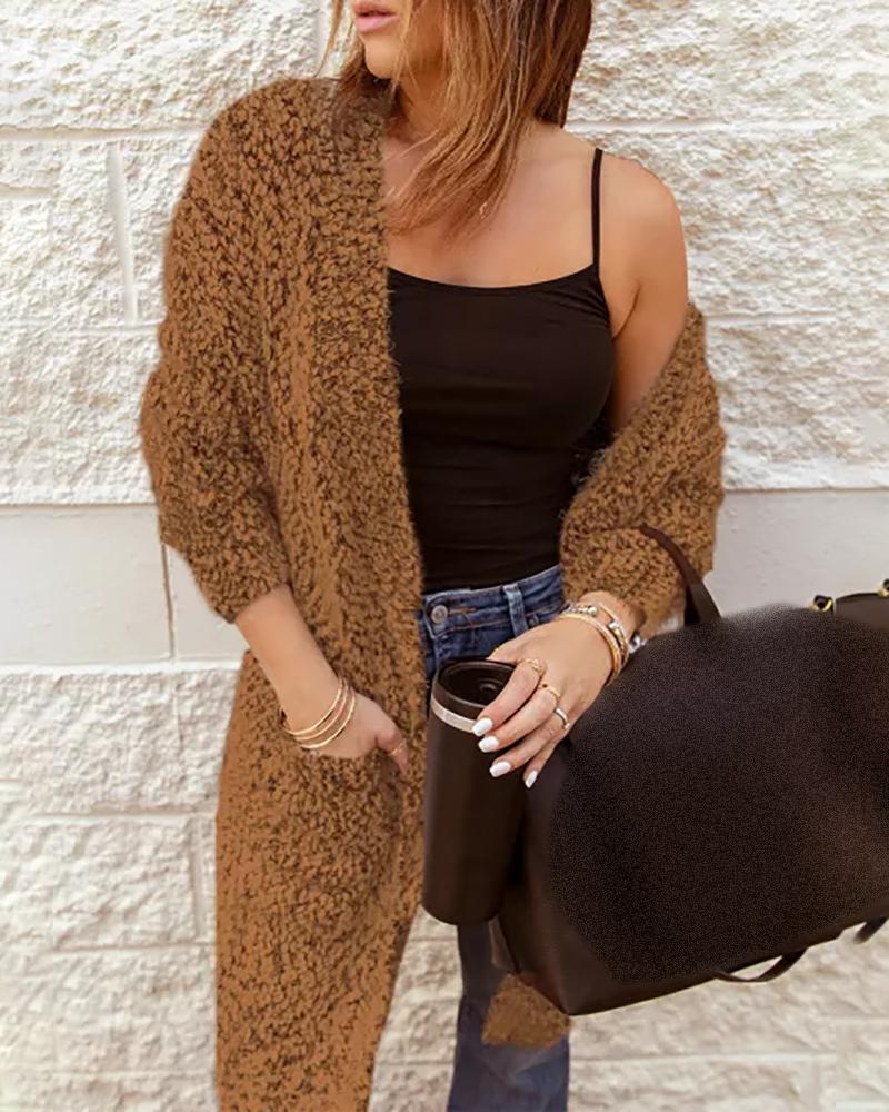 

Pocket Design Long Sleeve Fluffy Knit Cardigan, Brown