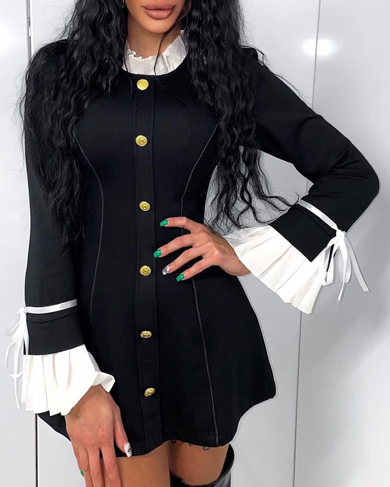

Long Sleeve O-Neck Button Design Casual Dress, Black