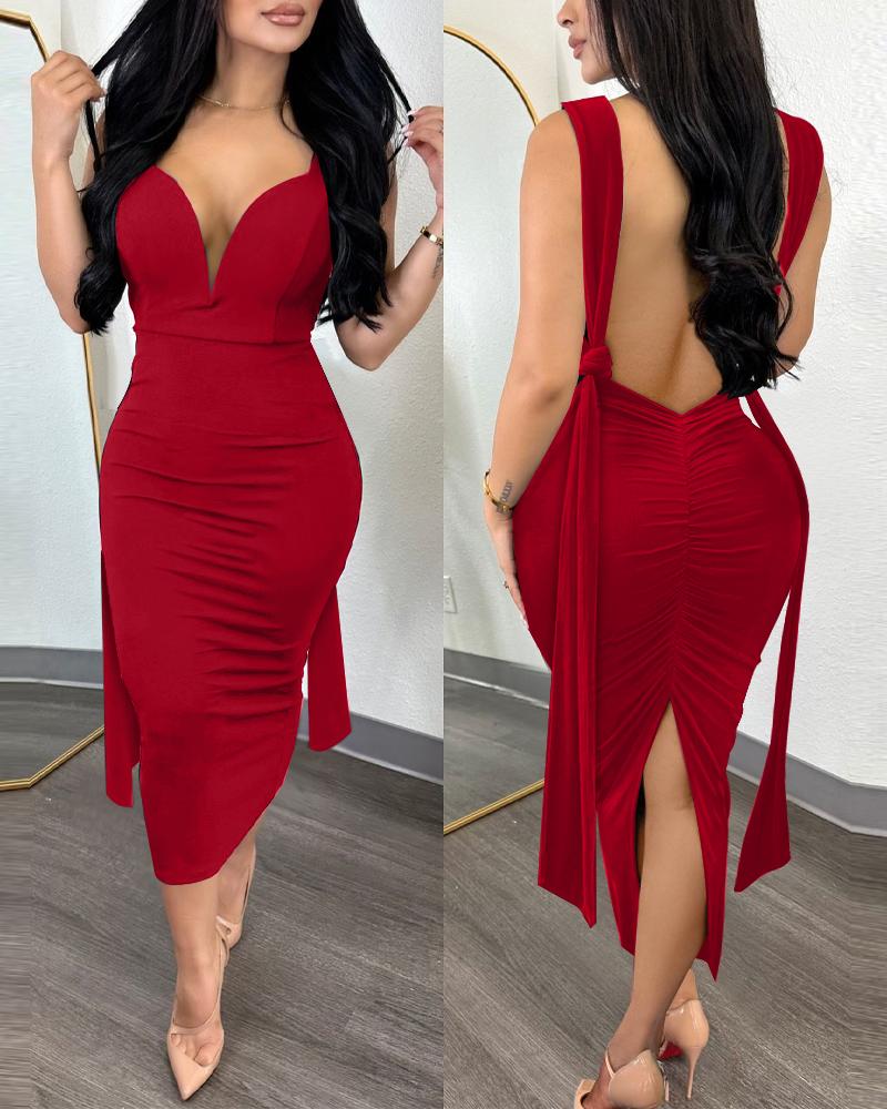 

Knotted Slit Ruched Slit Party Dress, Red