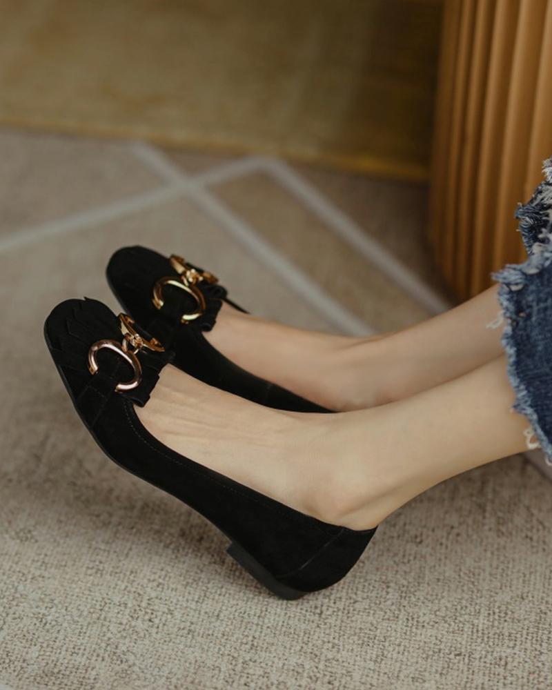 

Metallic Tassel Patch Round Toe Flats, Black