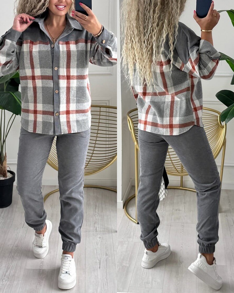 

Conjunto de 2 piezas con estampado a cuadros, cuello vuelto, botones en la parte delantera, dobladillo asimétrico y pantalones deportivos casuales con cintura elástica, Gray