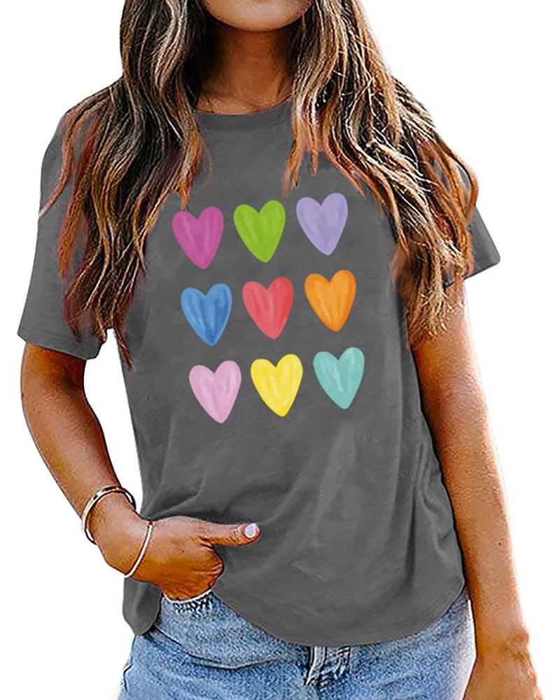 

Valentine' Day Short Sleeve Heart Print O-Neck T-shirt, Gray