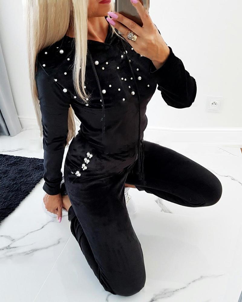 

Velvet Pearls Decor Drawstring Hoodie & Pants Set, Black