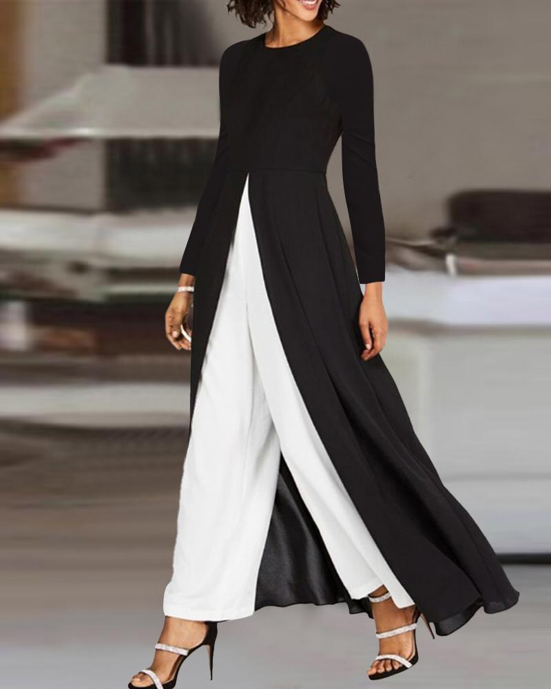 

Colorblock Long Sleeve Asymmetrical Jumpsuit, Black