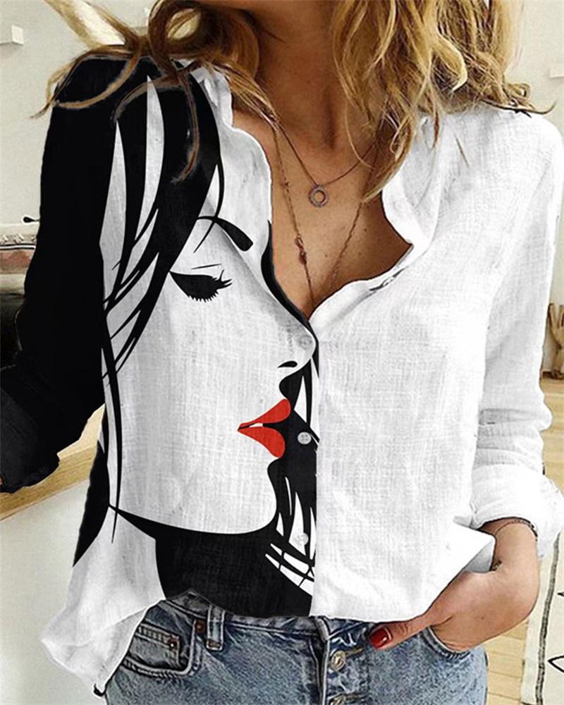 

Abstract Figure Print Long Sleeve Button Down Shirt, White
