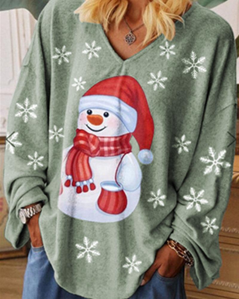 

Plus Size Christmas Snowflake Snowman Print Casual Top, Gray