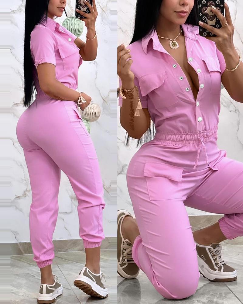 

Short Sleeve Pocket Design Cuffed Cargo Jumpsuit, Pink