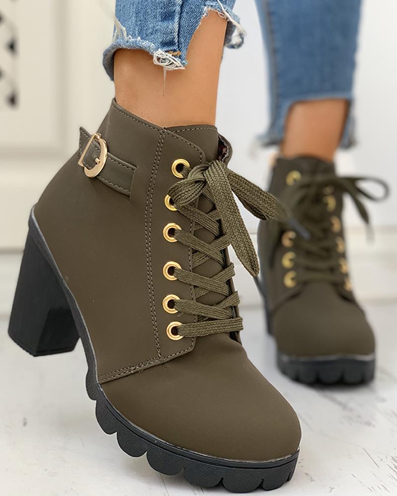 

Suede Eyelet Lace-Up Buckled Chunky Heeled Ankle-Boots, Army green