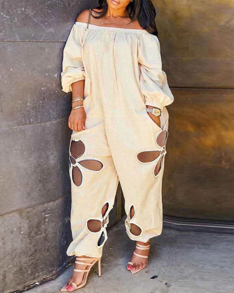

Plus Size Off Shoulder Cutout Jumpsuit, Apricot