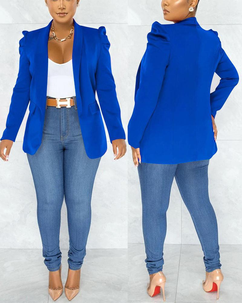 

Plus Size Puff Sleeve Shawl Collar Blazer, Blue