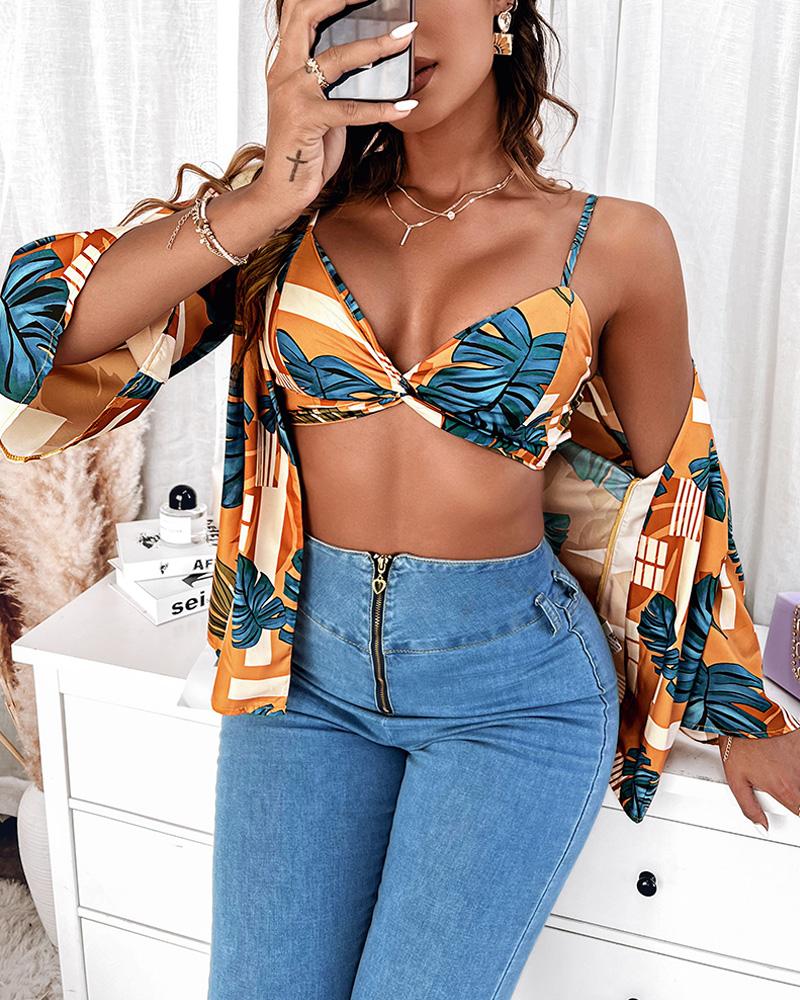 Tropical Print Twist Crop Cami Top & Blouse Set