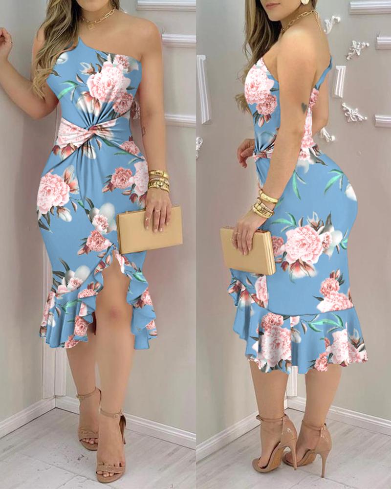 

Floral Print Ruffle Hem Split Twist Bodycon Dress, Blue