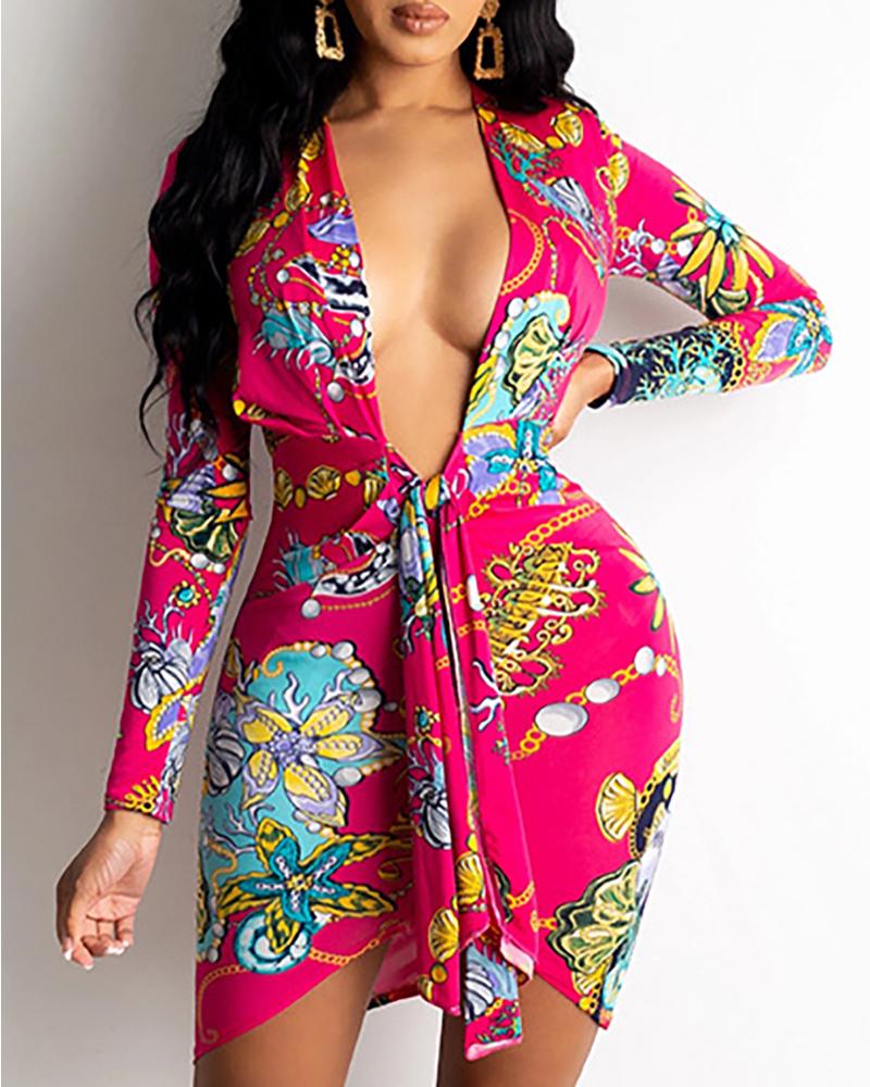 

Scarf / Graphic Print Tied Detail Plunge Skinny Dress, Hot pink